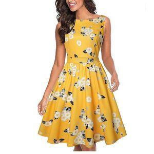 Missjoy Women Yellow Floral Sleeveless Fit & Flare Dress Size M